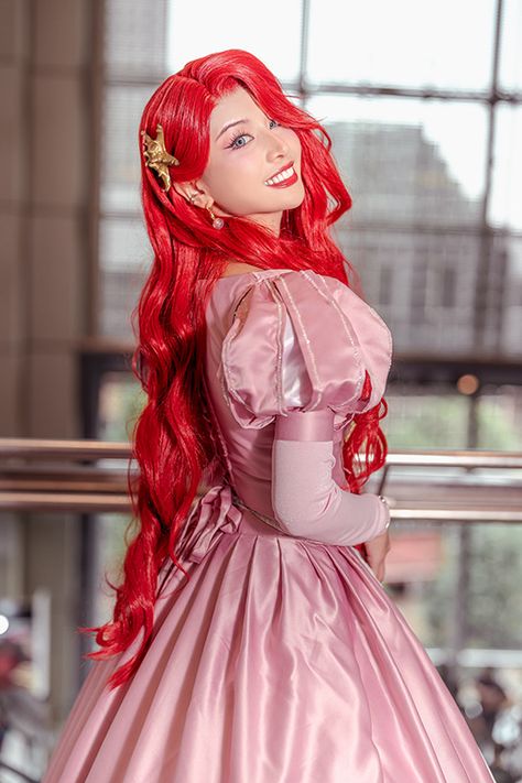 Mnsshp 2024, Long Red Wig, Ariel Pink Dress, Pink Dress Long, Kelly Grace, Ariel Pink, Ariel Cosplay, Cosplay Disney, Princess Dance