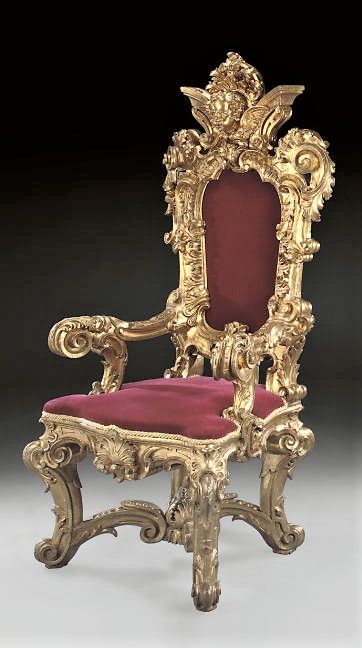 AN ITALIAN GILTWOOD THRONE CHAIR   BY GIOVANNI BERARDI, LATE 19TH C Ornate Chairs, Royal Chair, King Chair, Royal Throne, Royal Crown Jewels, Thrown Chair, Royal Furniture, French Rococo, Throne Chair