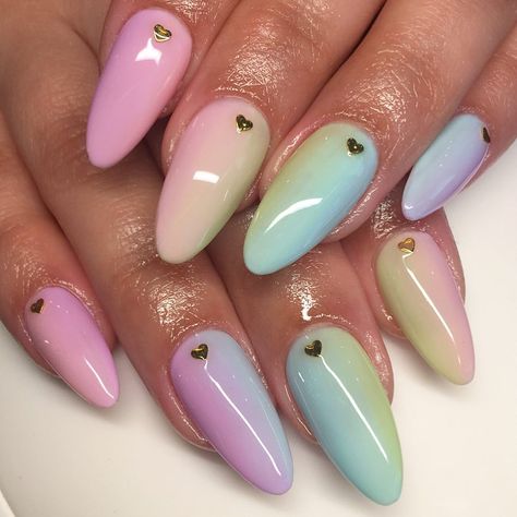 @s.paige.a on Instagram: “Dreamy pastel freestyle ✨🌈💕 . . . . . . . . Used  @apresnailofficial #gelx  @daily_charme gold heart studs  @the_gelbottle_inc…” Pastel Colored Nails, Degrade Nails, Pastel Color Nails, Nails Airbrush, Summer Holiday Nails, Faded Nails, Ombre Nail Art Designs, Gold Heart Studs, Gold Glitter Nails