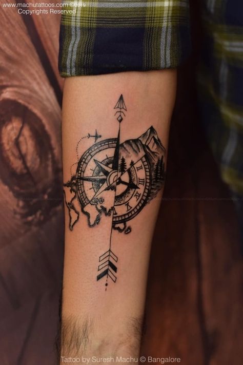 Mountain Tattoos For Men - 62 Simple Designs, Ideas & Meaning Compass Mountain, World Map Tattoo, Font Tato, World Map Tattoos, Map Tattoo, Tatuagem Masculina Pequena, Compass Tattoo Design, Cross Tattoo For Men, Map Tattoos