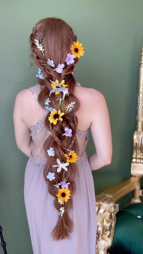 Long Rapunzel Braid, Tangled Braid Rapunzel Hair, Rapunzel Braid Hairstyle, Side Braid With Flowers, Tangled Hairstyle, Rapunzel Inspired Hair, Tangled Rapunzel Hair, Rapunzel Hairstyle, Tangled Quince