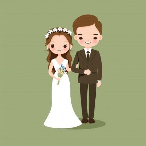 Cute couple in wedding dress cartoon cha... | Premium Vector #Freepik #vector #wedding #love #woman #cartoon Wedding Dress Cartoon, Wedding Card With Photo, Pastel Wedding Stationery, Bride Cartoon, Cartoon Wedding Invitations, Mask Cartoon, Bride And Groom Cartoon, Wedding Couple Cartoon, Cute Bride