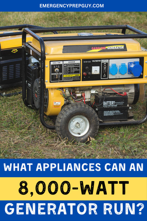 A yellow emergency generator on grass, illustrating ideas for what appliances can be powered by an 8,000-watt generator. Power Outage Kit, Home Backup Generator, Emergency Generator, Generator House, Portable Generator, Emergency Power, Power Generator, Power Outage, Large Appliances