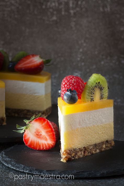 Mango and Coconut Mousse Cake, Pastry Maestra Easter Mousse Cake, Mango Coconut Mousse Cake, Coconut And Mango Cake, Mango Entremet Recipe, Mango Mouse Cakes, Mango Mousse Cake Recipe, Coconut Mousse Cake, Coconut Mousse Recipe, Vegan Mousse Cake