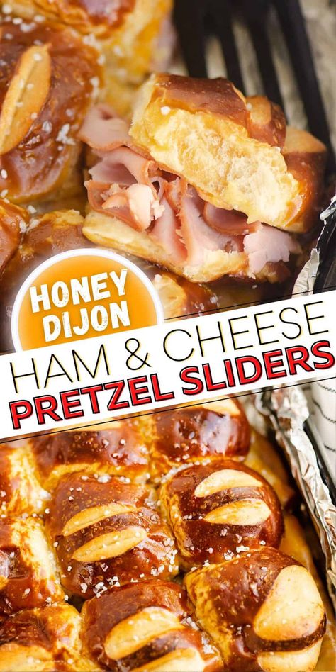 This easy recipe for Honey Mustard Ham & Cheese Sliders made with King's Hawaiian Pretzel Buns makes for a delicious bite of salty sweet goodness in less than 30 minutes. Serve these up for a quick dinner or a game day snack that is sure to be a hit! Pretzel Roll Sandwich, Pretzel Buns Sandwich, Pretzel Bun Sliders, Pretzel Sliders, Honey Mustard Ham, Sliders Recipes Hawaiian Rolls, Pretzel Buns, Easy Slider Recipes, Ham Cheese Sliders