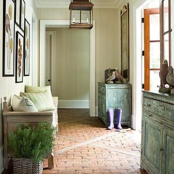 Rustic Wood Bed Bench Design Ideas - Page 2 French Country Entry, Antique Brick Pavers, Enclosed Breezeway, Cottage Home Design, Rustic Wood Bed, Foyer Inspiration, Louisiana House, Hale House, White Villa