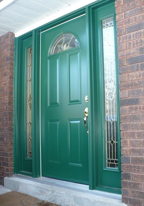 steel 4 panel half moon decorative glass green double full sidelite - Kempenfelt Windows and Doors Moon Front Door, Half Moon Window, Green Doors, Moon Window, Moon Glass, Door Colors, Exterior Front Doors, Window Replacement, Front Door Colors