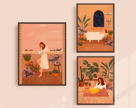 Plant Lady Illustration, Atl Apartment, Lady Illustration, Art Peaceful, Terracotta Art, Terracotta Wall Art, Print Gallery Wall, Terracotta Wall, Mountain Art Print