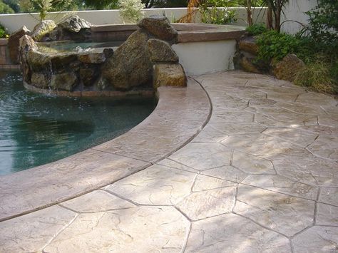 Tan, Stone Concrete Pool Decks Super-Krete Spring Valley, CA - use other link, replace... with other link Concrete Landscaping, Pool Decking Concrete, Concrete Stamp, Pool Makeover, Concrete Deck, Tan Stone, Deck Pictures, Concrete Patio Designs, Types Of Concrete