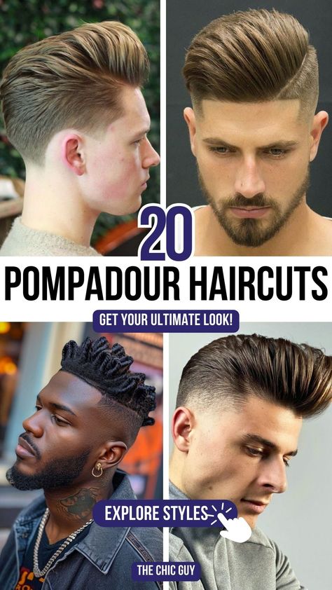 Top 20 Pompadour Haircuts for Men to Try in 2024 Men’s Hairstyles Pompadour, Mens Spiked Hairstyles, Lightskin Haircuts, Mens Pompadour, Pompadour Hairstyle For Men, High Fade Pompadour, Side Part Pompadour, Messy Pompadour, Short Pompadour