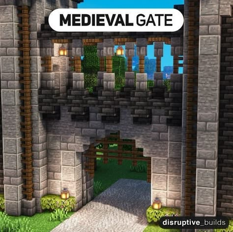 Medieval Castle Gate Minecraft, Minecraft Castle Gate Design, Medival Gate Minecraft, Minecraft Stone Entrance, Minecraft Medieval Castle Walls, Minecraft Walls Ideas Medieval, Stone Wall Design Minecraft, Minecraft Castle Gate Ideas, Minecraft Medieval Entrance