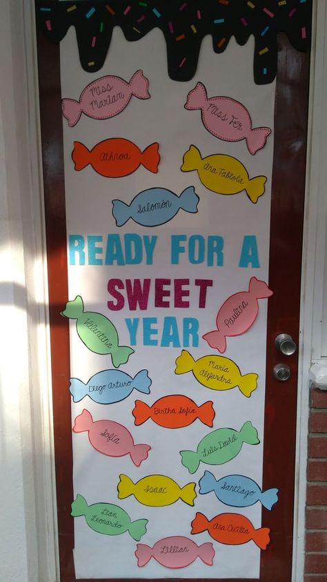 Back To School Bulletin Board & Classroom Door Decor - RecipeMagik Classroom Doors Ideas Back To School, Preschool Classroom Doors Ideas, Ready For A Sweet Year Classroom Door, All About Me Preschool Door Decoration, Classroom Door Decorations Welcome Back To School, Year 2 Classroom Door Ideas, Easy Back To School Door Ideas, Door Ideas For Classroom Back To School, Class Doors Ideas