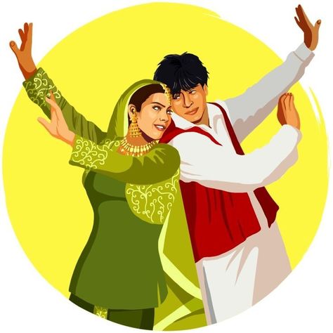 Ddlj Movie Poster, Bollywood Art Poster, Bollywood Cartoon Art, Bhangra Illustration, Bollywood Movie Illustration, Srk Cartoon, Bollywood Artwork, Bollywood Posters Art, Bollywood Movie Posters Art