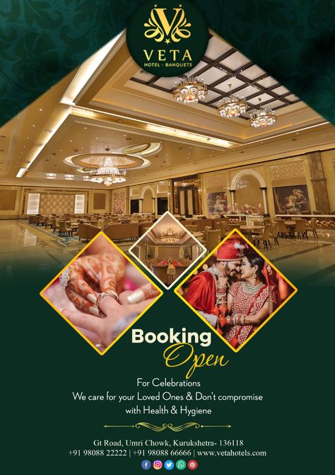 We are open for Bookings !!! Come celebrate with us. We provide better prices & exceptional experiences.   #BookingAreOpen #EnjoyCelebration #VETA #Hotel #Banquets #Kurukshetra Book Your Event With Us, Hotel Advertising Design Poster, Wedding Ads Design, Hotel Opening Poster, Hotel Advertising Design, Hotel Poster Design, Luxury Poster Design, Event Planning Flyer, Hotel Marketing Design