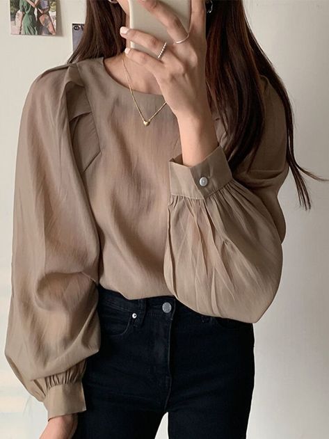 Color : Coffee, Black Material : Rayon, Polyester Occasion : Casual Style : Casual Sleeves Length : Long Sleeve Sleeves Type : Puff Sleeves Season : Autumn, Spring #ootd #style #fashion #onlineshopping#fallfashion #loungewearstyle #casualoutfit #fallootd Puff Sleeves Blouse, Puff Blouse, Fall Blouse, Cheap Blouses, Trendy Blouses, Trendy Blouse Designs, Puff Long Sleeves, Long Sleeve Tops Casual, Blouse For Women