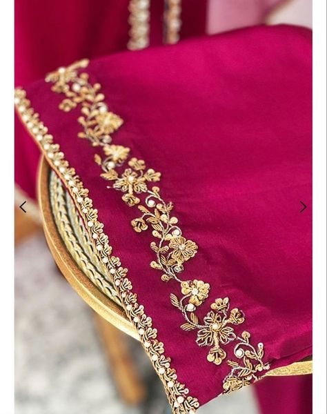 Red pink golden hand embroidered Valvet Work Design Suit, Valvet Work Blouse, Machine Embroidery On Velvet Suits, Anarkali Embroidery Designs, Dabka Work Embroidery Border, Embroidery Suits Design Machine, Hand Work Embroidery Dupatta, Zardosi Embroidery Suits, Dupatta Border Designs Ideas