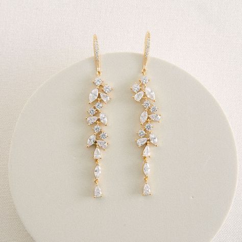 Long Drop Earrings Gold, Formal Earrings Gold, Gold Formal Earrings, Bridal Long Earrings, Formal Jewellery, Wedding Earrings Gold, Gold Wedding Earrings, Bridal Drop Earrings, Drop Earrings Bridal