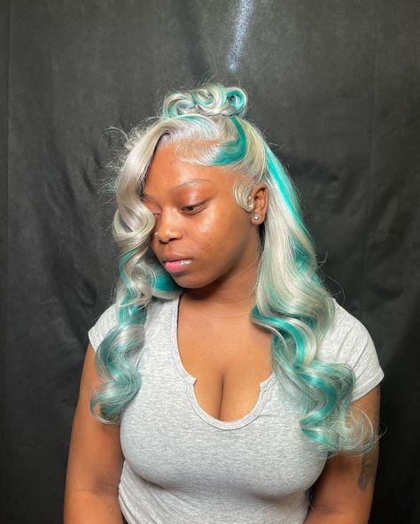 Silver Green Highlight Wavy Ombre Lace Front Wig Human Hair Wig Lace Front Wig Virgin Human Hair Same as image 150%Density Same as image Wig Inspiration, Colored Hairstyles, Ombre Lace Front Wig, Wigs Hairstyles, Colorful Wigs, Colored Weave, Frontal Wig Hairstyles, Mint Hair, Ombre Lace Front