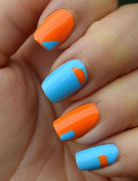 Orange And Blue Manicure, Bright Blue And Orange Nails, Turquoise Orange Nails, Blue Nails With Orange Design, Sherbet Orange Nails, Blue Pink And Orange Nails, Orange Blue Nails Art Designs, Blue And Orange Gel Nails, Orange Yellow Blue Nails