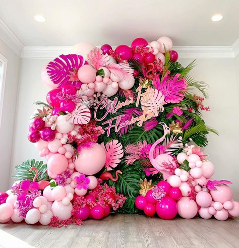 Unique Party Vendors, Flamingo Balloon Garland, Flamingo Party Backdrop, Tropical Party Backdrop, Tropical Balloon Arch, Tropical Balloon Garland, Tropical Sweet 16, Pink Explosion, Wisteria Vines