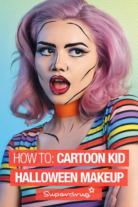 Become a real life Snapchat filter with our Cartoon Kid Halloween look this year. Click to follow our easy step by step tutorial. Pop Art Makeup Easy, Pop Art Makeup Ideas, Pop Art Makeup Tutorial, Comic Makeup, Pop Art Costume, Halloween Make-up Looks, Cartoon Makeup, Kid Halloween, Youtube Halloween