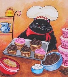 Annya Djachiachvili. Image Chat, Black Cat Art, A Black Cat, Cat Artwork, Cats Illustration, Fat Cats, Pastry Chef, Cats Meow, Cat Illustration