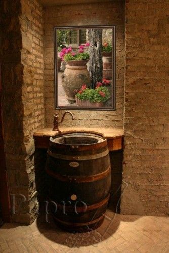 Wine cellar barrel sink Wine Barrel Sink, Whiskey Barrel Sink, Barrel Sink, Wine Cellar Design, Cellar Design, Stone Bathroom, Wooden Barrel, Brick Walls, Sink Design