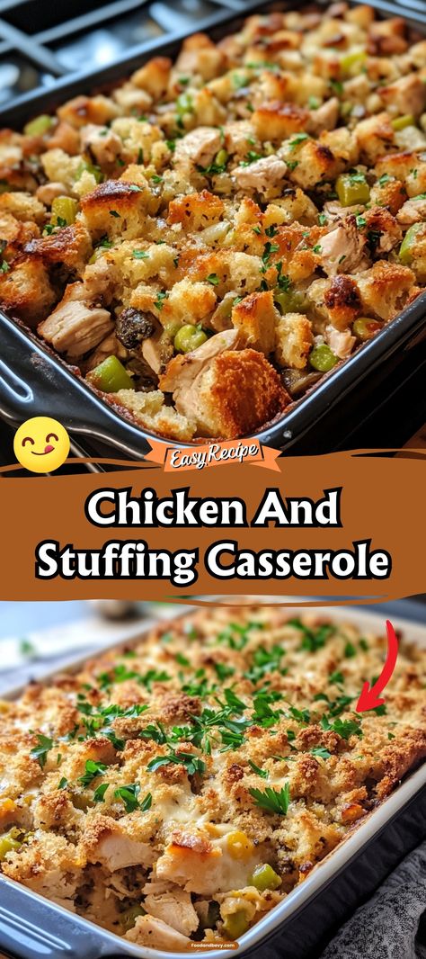 Chicken and Stuffing Casserole combines the comfort of soft, herbed stuffing with tender chunks of chicken in a creamy sauce. It’s a nostalgic dish that conjures memories of family gatherings and cozy evenings. This all-in-one meal is both satisfying and heartwarming. #ChickenCasserole #ComfortFood #FamilyDinner Chicken Little Casserole, Chicken Casserole Recipes Stuffing, Chicken Pot Pie Casserole With Stuffing, Chicken And Swiss Stuffing Bake, Baked Chicken With Stuffing Casserole, Pineapple Chicken Casserole, Chicken Casserole Recipes With Pepperidge Farm Stuffing, Chicken Rice And Stuffing Casserole, Quick Easy Sunday Dinner