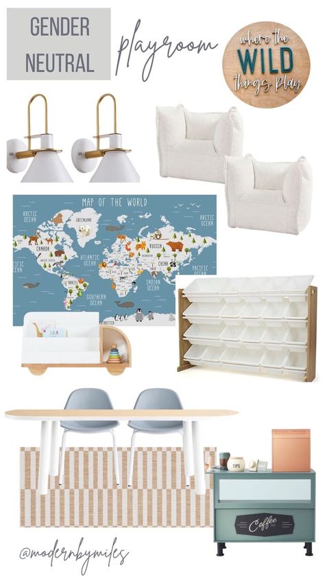 Designing a playroom can be a fun and creative process. With a little creativity and planning, you can design a gender neutral playroom that all children will love. To shop this gender neutral playroom mood board, follow the link. Gender Neutral Playroom, Playroom Boys, Changing Table Top, Neutral Playroom, Alternative Seating, Map Wall Mural, Ikea Trofast, Boys Playroom, Girls Playroom