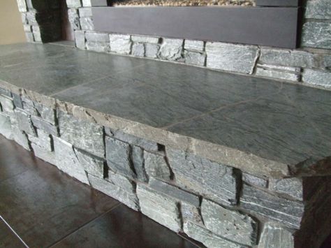 Ledge Stone Masonry fireplace Mist Fireplace, Fireplace Hearth Stone, K2 Stone, Granite Hearth, Hearth Stone, Cabin Fireplace, Slate Fireplace, Fireplace Update, Masonry Fireplace