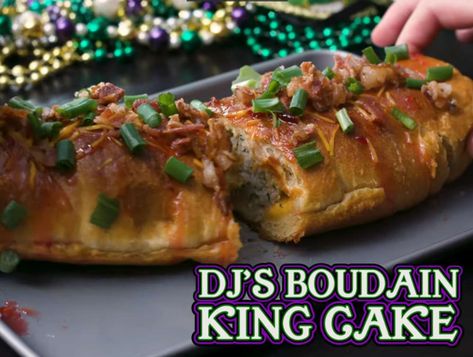 DJ's Boudain King Cake Loaf Boudin King Cake, Cheddar Cheese Sticks, Boudin Recipe, Boudain Recipes, King Cake Recipe, Cake Loaf, Mardi Gras Food, Cajun Creole Recipes, Louisiana Recipes