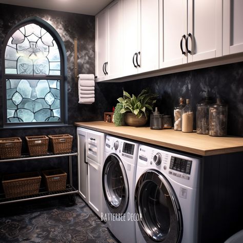 Gorgeous modern Gothic laundry room in black, white. Gothic Laundry Room, Victorian Laundry Room, Victorian Laundry, Victorian Gothic Home Decor, Morgantown West Virginia, Onyx Tile, Modern Gothic, Bathroom Decor Luxury, Room Stuff