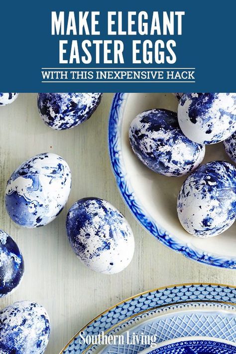 Make Elegant Easter Eggs With this Inexpensive Hack | Easter is nearly upon us, which means it's time to bust out those hardboiled eggs (check out our foolproof method if you haven't already) and start decorating. This year, we're skipping the Paas and heading to our beauty stash to create marbled-looking eggs that we know will be all the rage with Mr. Floppy Ears.  #southernliving #easter #partyideas Blue And White Easter, Chip Dips, Diy Osterschmuck, Making Easter Eggs, Easter Crafts For Adults, Easter Wood Crafts, Ideas For Easter Decorations, Easter Eggs Diy, Easter Decorations Dollar Store