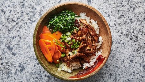 Spicy Pork Tenderloin Bowl Recipe | Bon Appetit. Ginger and soy sauce marinade. Spicy Pork Bowl, Spicy Pork Tenderloin, Pork Bowl, Chile Colorado, Ginger Pork, Sauteed Kale, Spicy Pork, Red Rice, Sauteed Veggies