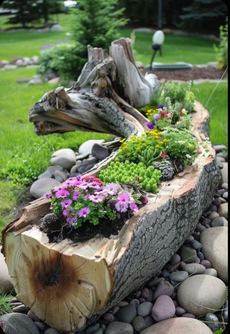 Log With Flowers, Log Flower Planter, Tree Trunk Planter, Cabin Yard Landscaping, Log Landscaping Ideas, What To Do With Logs, Crafts With Logs, Logs In Garden, Tree Trunk Ideas Outdoor