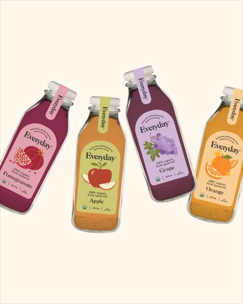 Everyday 100% natural juice brand identity and packaging design. Juice Illustration Design, Drink Product Design, Juice Design Packaging, Juice Label Design Ideas, Juice Branding Design, Natural Juice Packaging, Juice Bottle Label Design, Juice Package Design, Juice Bottle Packaging