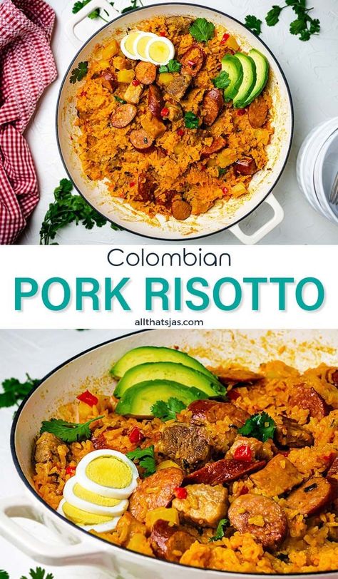 This traditional Colombian risotto with pork and sausage is packed with amazing flavors and typically served for special occasions, but you will love its creamy texture with a spicy kick any day. | allthatsjas.com | #risotto #colombian #pork #sausage #spicy #stovetop #onepan #chorizo #hogao #allthatsjas #potato #recipes #easy #rice Columbian Rice, Sausage Risotto, Columbian Recipes, Rice Pork, South American Recipes, Easy Chicken And Rice, Easy Rice, Grilled Meat Recipes, Creamy Rice