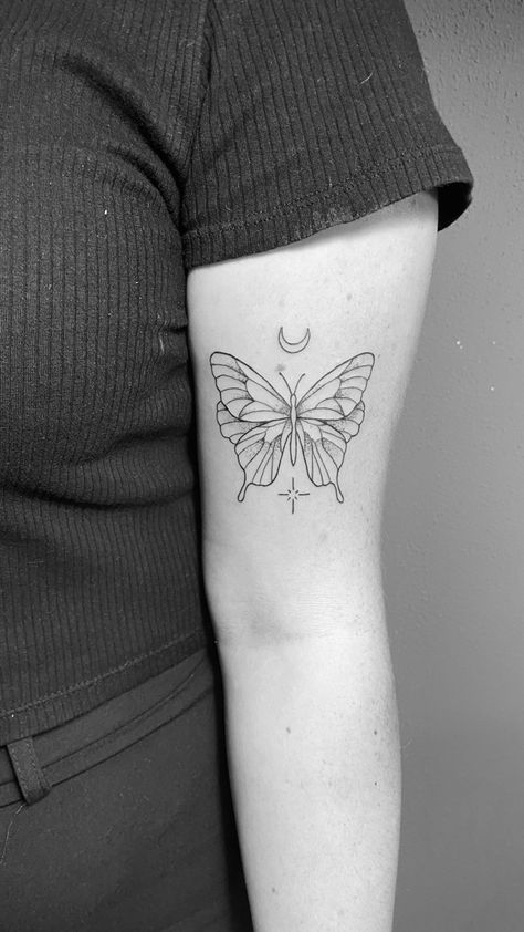 butterfly tattoo with moon and star. fine line and dotting Spiritual Butterfly Tattoo, Spiritual Butterfly, Butterfly Tattoo Arm, Monarch Butterfly Tattoo, Butterfly Tattoos On Arm, Fine Line Tattoo, Tattoo Arm, Line Tattoo, Fine Line Tattoos