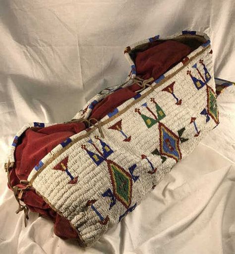 Lakota cradleboard, view 1 Native American Weaving, White Background With Design, Cheyenne Arapaho, Indian Beadwork, Lakota Sioux, Plains Indians, Native American Artifacts, Native American Beadwork, Calico Fabric