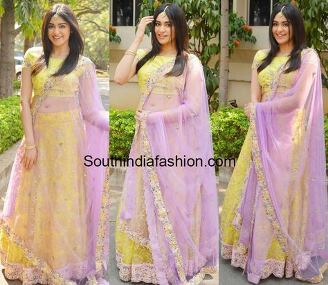 Lavender Haldi Outfit, Lavender Yellow Outfit, Lavender And Yellow Outfit, Lemon Yellow Lehenga Color Combos, Spring Yellow Lehenga, Lemon Yellow Lehenga, Yellow Indian Outfit, Yellow And Purple Lehenga, Yellow And Pink Lehenga