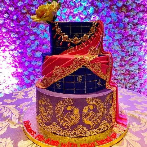 A beautiful saree cake resembling the lil girl's saree for her half saree function. Saree Cake, Saree Function, Bridal Cake, Half Saree Function, Indian Wedding Cakes, Stage Decoration, Stage Decorations, Cookie Cake, Sweet Sweet