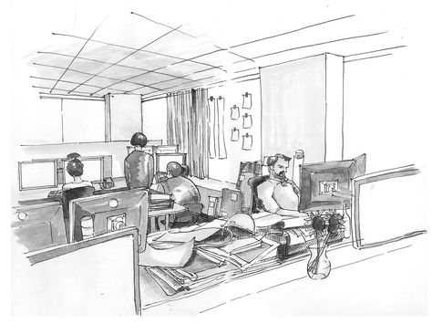 Gallery of 42 Sketches, Drawings and Diagrams of Desks and Architecture Workspaces - 23 Architect Workspace, Office Sketch, Computer Desk Setup, Perspective Drawing Architecture, Interior Design Sketch, Perspective Drawing, Office Desk Decor, Architecture Sketch, Design Sketch