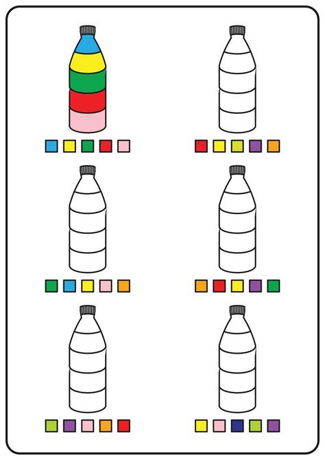 Instructional coloring pages, educational games for kids, preschool activities, printable worksheets. Simple cartoon vector illustration of colorful objects to learn colors. Coloring bottles. Color Games For Preschoolers, Educational Games For Children, Learning Colors Activities, Colorful Objects, Coloring Games For Kids, Preschool Activities Printable, Visual Perception Activities, Games For Children, Activities Printable