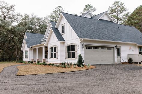 Old Farm Road - American Traditional - Exterior - Atlanta - by Mossy Co. Interiors | Houzz Joanna Gaines Home Exterior, Exterior House Colors Modern Farmhouse, White House With Taupe Trim, Contrast Trim Exterior, Exterior Remodel Ranch Style Home, White House With Tan Trim, White House Tan Trim, Clay Windows Exterior, Top Exterior House Colors 2023