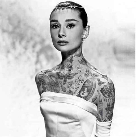 This Is What It Would Look Like If Your Favorite Celebrities Were Covered In Badass Tattoos Audrey Hepburn Tattoo, Traditional Tattoo Artwork, Frida Art, Badass Tattoos, Celebrity Tattoos, Matthew Mcconaughey, Star Tattoos, Get A Tattoo, Audrey Hepburn