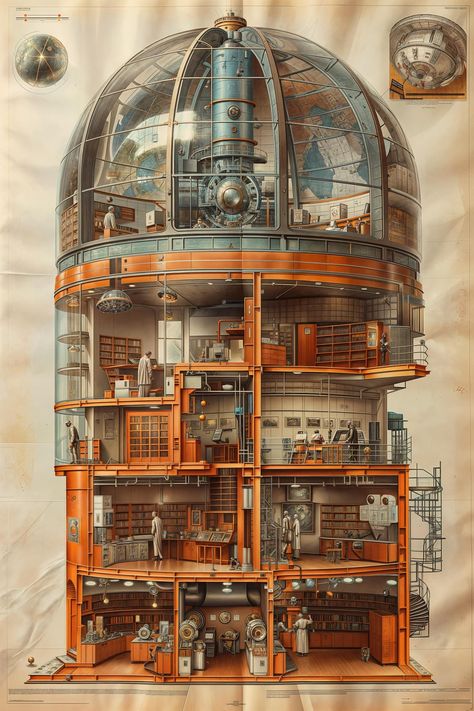 ✪ FINE ART PRINT "Eye to the Heavens II" *  Science fiction meets whimsical design in this steampunk astronomical wall art featuring a cutaway of a detailed fantasy observatory. The design showcases a bustling library under an astronomical dome, filled with celestial maps and antique globes, making it the perfect gift for lovers of steampunk, libraries, and cosmic decor. ✨ ✾ ✾ ✾  💭 THE ARTISTIC PROCESS * My digital art prints begin as visions floating around in my imagination that are then brou Fantasy Observatory Concept Art, Steam Punk Buildings, Steampunk Astronomy, Steampunk Observatory, Fantasy Observatory, Cosmic Decor, Steampunk Library, Astronomy Observatory, Astronomy Tower