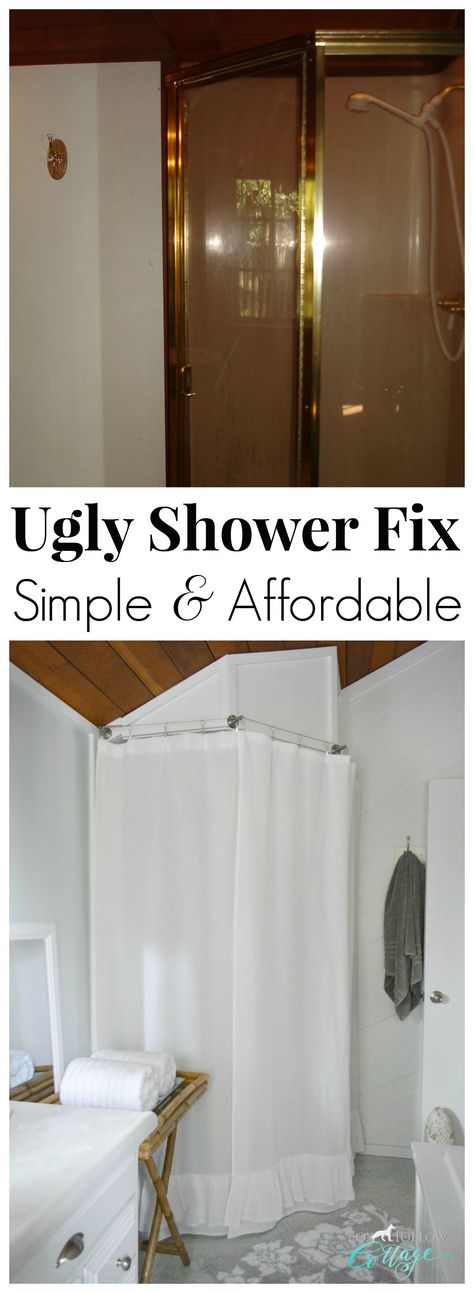 How to hide an ugly corner shower! Simple DIY Shower Fix - Affordable Makeover Solutions and Ideas. Tutorials and Details at foxhollowcottage.com Corner Shower Remodel, Mobile Home Shower Remodel, Corner Shower Stalls, Corner Shower Doors, Shower Makeover, Neutral Bathroom Decor, Shower Remodel Diy, Tub Remodel, Small Shower Remodel