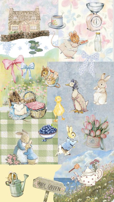 #beatrixpotter #cottagecore Peter Rabbit Aesthetic, Peter Rabbit Wallpaper, Rabbit Aesthetic, Beatrix Potter Nursery, Rabbit Wallpaper, Bookmark Printing, Paint Color Palettes, Cottagecore Decor, Spring Wallpaper