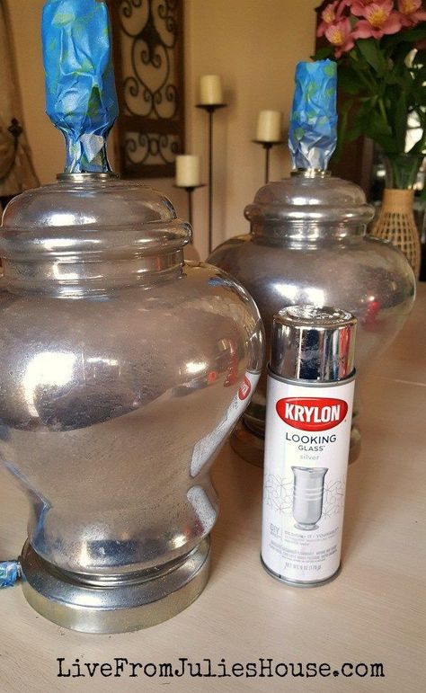 Thrift Store Decor Upcycle Challenge: Faux Mercury Glass Lamps Krylon Looking Glass, Decor Upcycle, Lamp Redo, Mercury Glass Lamp, Diy Furniture Makeover Ideas, Mercury Glass Diy, Thrift Store Decor, Lamp Makeover, Dekor Diy