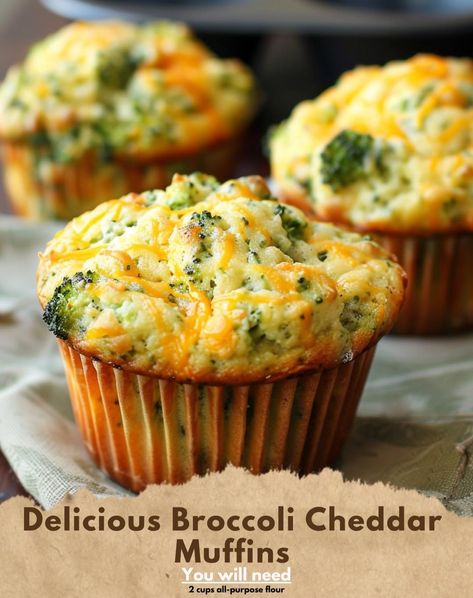 Delicious Broccoli Cheddar Muffins Ingredients: 2 cups all-purpose flour 1 tablespoon baking powder 1/2 teaspoon salt 1/4 teaspoon black pepper 2 cups chopped broccoli florets 1 cup shredded cheddar cheese 2 large eggs 1 cup milk 1/4 cup melted butter Directions: Preheat oven to 375°F (190°C). Grease or line a muffin tin. Mix flour, baking powder, salt, and pepper. Add broccoli and cheddar, stirring until combined. Beat eggs, then mix in milk and butter. Combine wet and dry ingredients; do n... Salted Muffins, Basic Scones, Cheddar Muffins, Broccoli And Cheddar, Chopped Broccoli, Delicious Broccoli, Muffins Healthy, Mexican Chicken Recipes, Shredded Cheddar Cheese